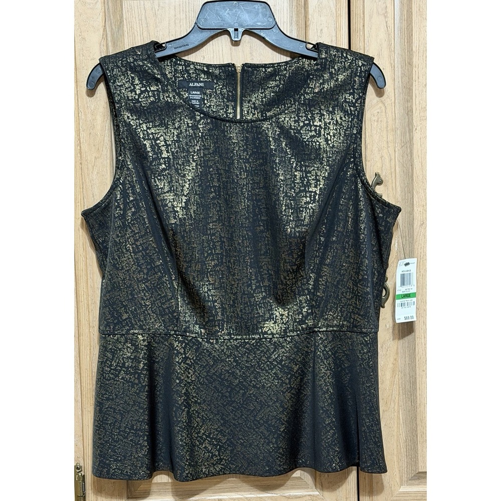 Alfani Sleeveless Peplum Blouse Top Women's Size L Black & Gold Metallic Print